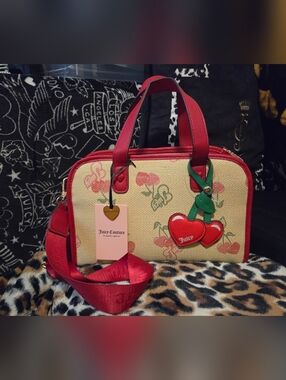 Juicy Couture Cream Canvas Satchel with Red Trim and Cherry Charm
